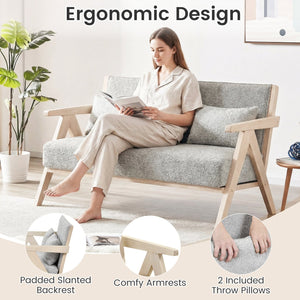 Loveseat Sofa for Small Spaces with Throw Pillows Rubber Wood Frame Padded Seat-Gray view 9