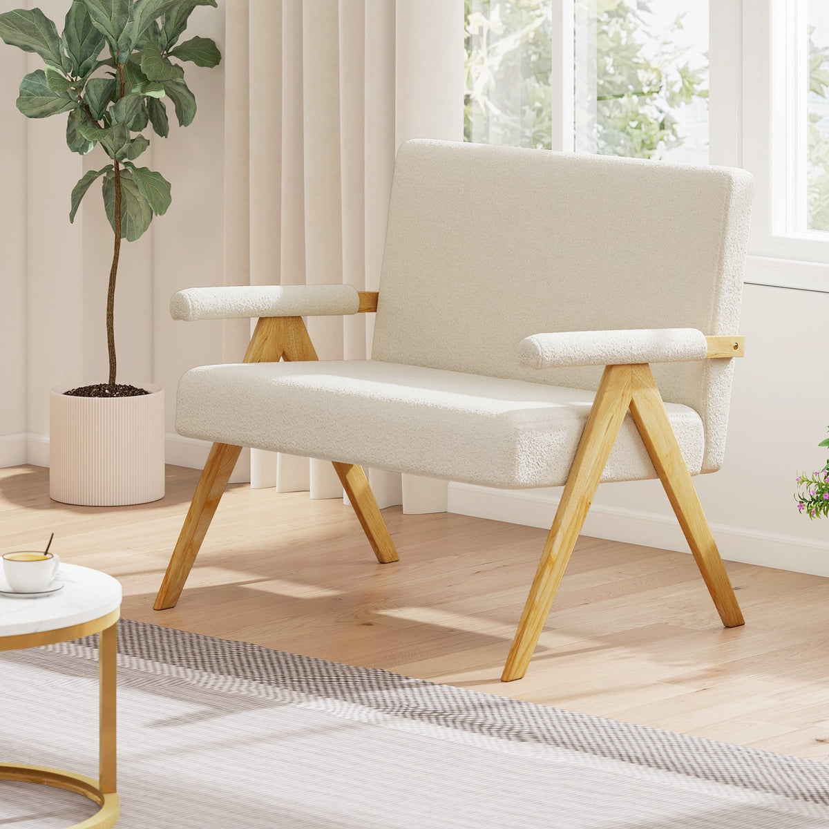 Loveseat Sofa with Armrests and Wooden Legs-Beige view 3