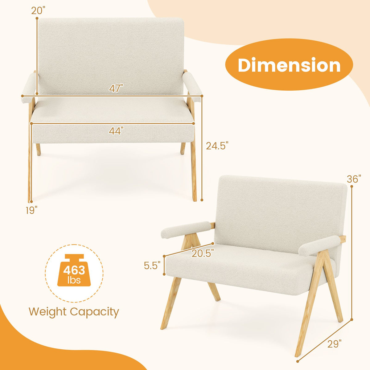 Loveseat Sofa with Armrests and Wooden Legs-Beige view 5