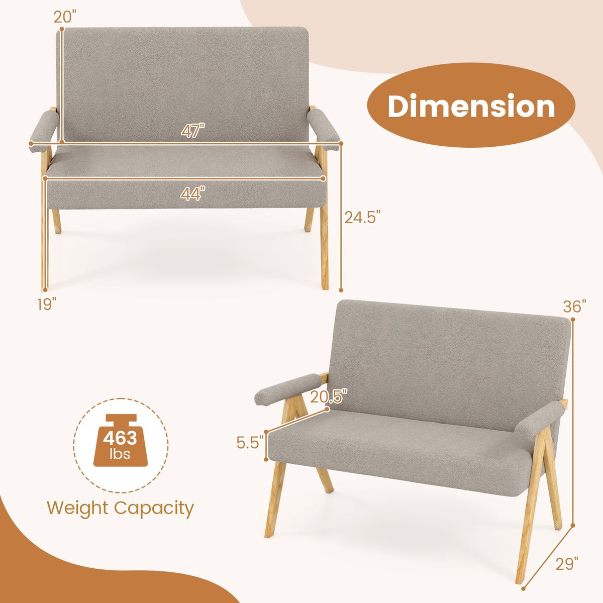 Loveseat Sofa with Armrests and Wooden Legs-Gray view 5