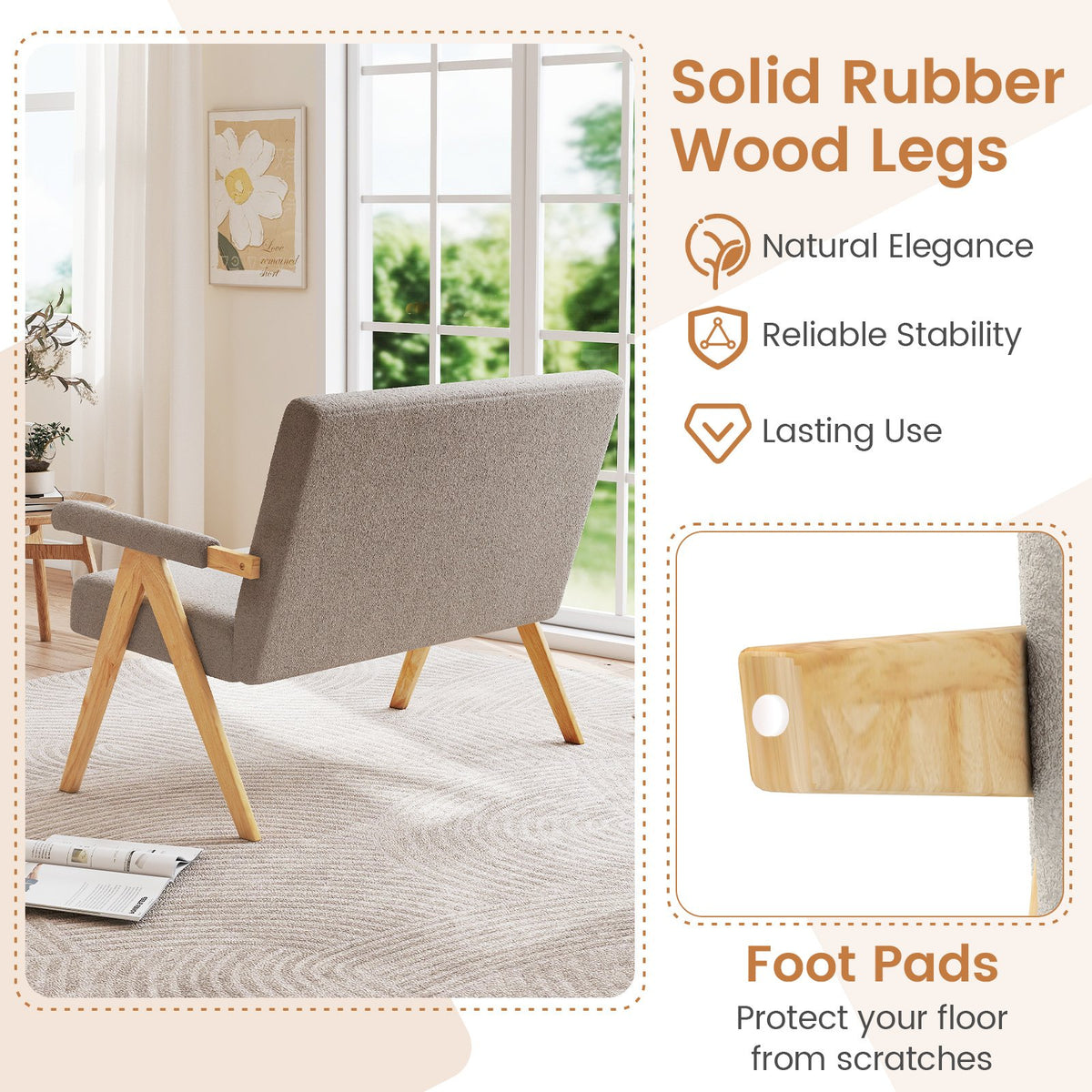 Loveseat Sofa with Armrests and Wooden Legs-Gray view 9