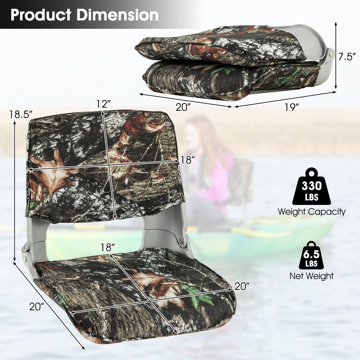 Low Back Folding Padded Boat Seat with 4 Bolts for Outdoor Adventures-Camouflage view 4