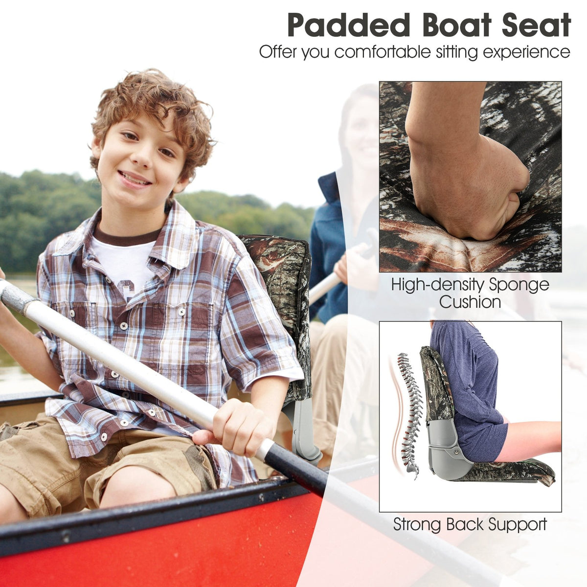 Low Back Folding Padded Boat Seat with 4 Bolts for Outdoor Adventures-Camouflage view 5