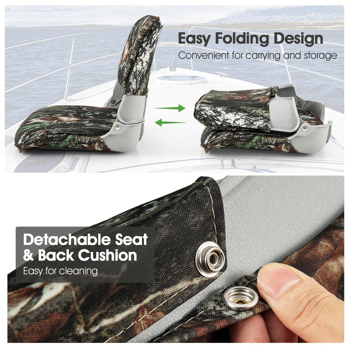 Low Back Folding Padded Boat Seat with 4 Bolts for Outdoor Adventures-Camouflage view 7