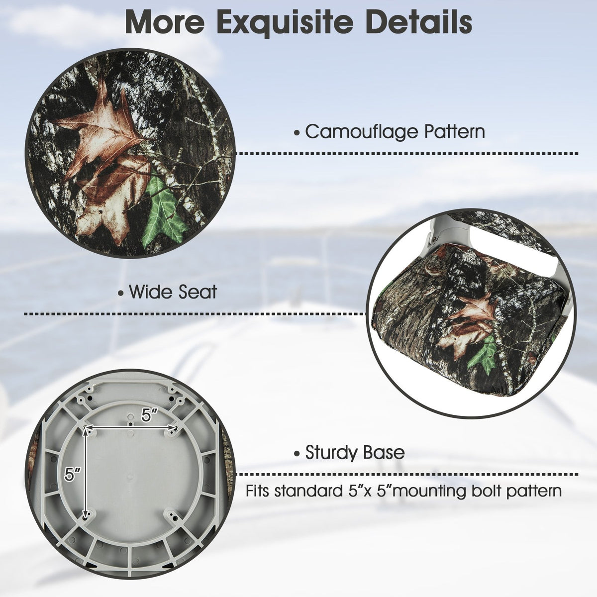 Low Back Folding Padded Boat Seat with 4 Bolts for Outdoor Adventures-Camouflage view 8