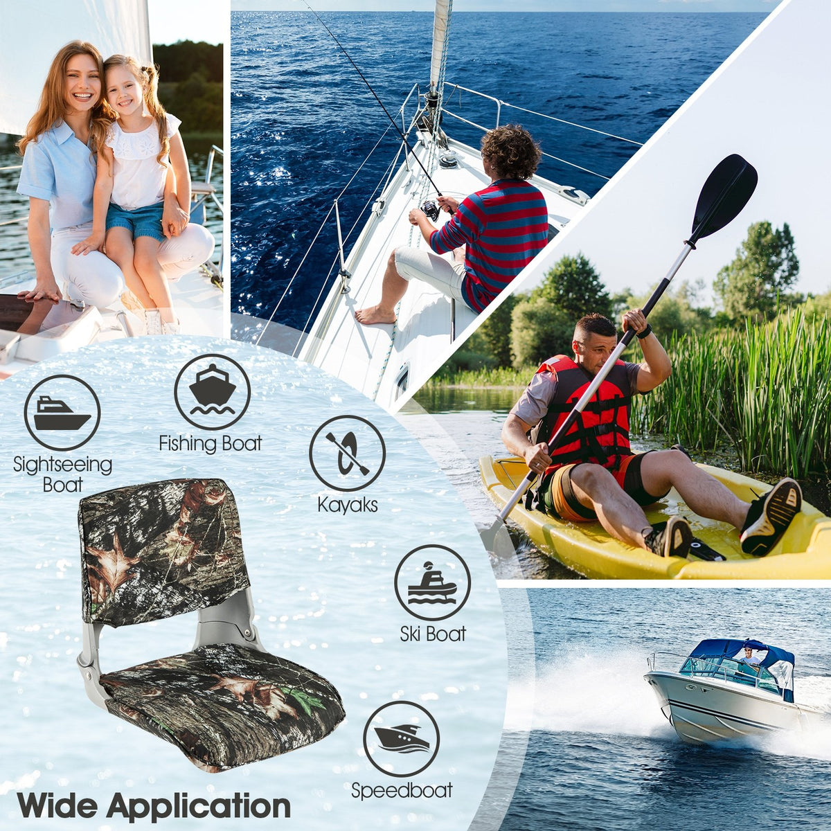 Low Back Folding Padded Boat Seat with 4 Bolts for Outdoor Adventures-Camouflage view 9