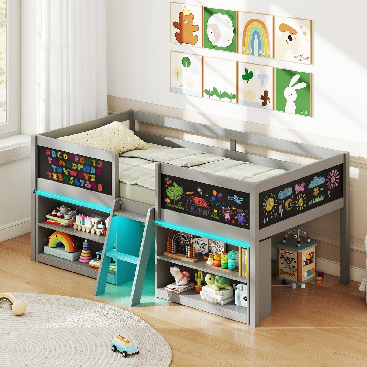 Low Loft Bed with LED Lights Kid's Cabin Bed with Bookcases-Gray view 2
