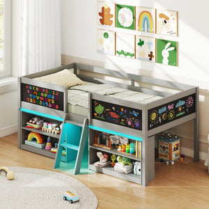 Low Loft Bed with LED Lights Kid's Cabin Bed with Bookcases-Gray view 2