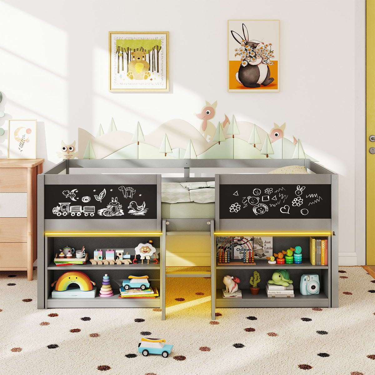 Low Loft Bed with LED Lights Kid's Cabin Bed with Bookcases-Gray view 3