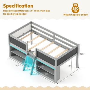 Low Loft Bed with LED Lights Kid's Cabin Bed with Bookcases-Gray view 4