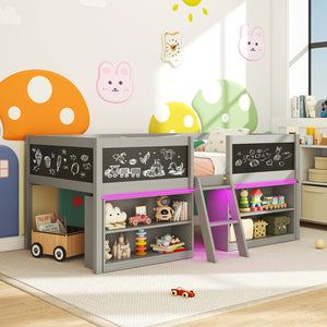 Low Loft Bed with LED Lights Kid's Cabin Bed with Bookcases-Gray view 5