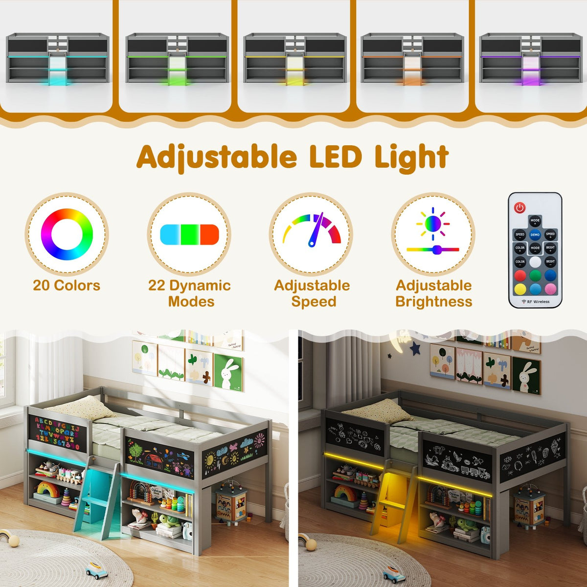 Low Loft Bed with LED Lights Kid's Cabin Bed with Bookcases-Gray view 6