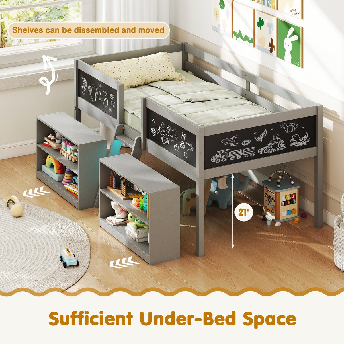Low Loft Bed with LED Lights Kid's Cabin Bed with Bookcases-Gray view 8