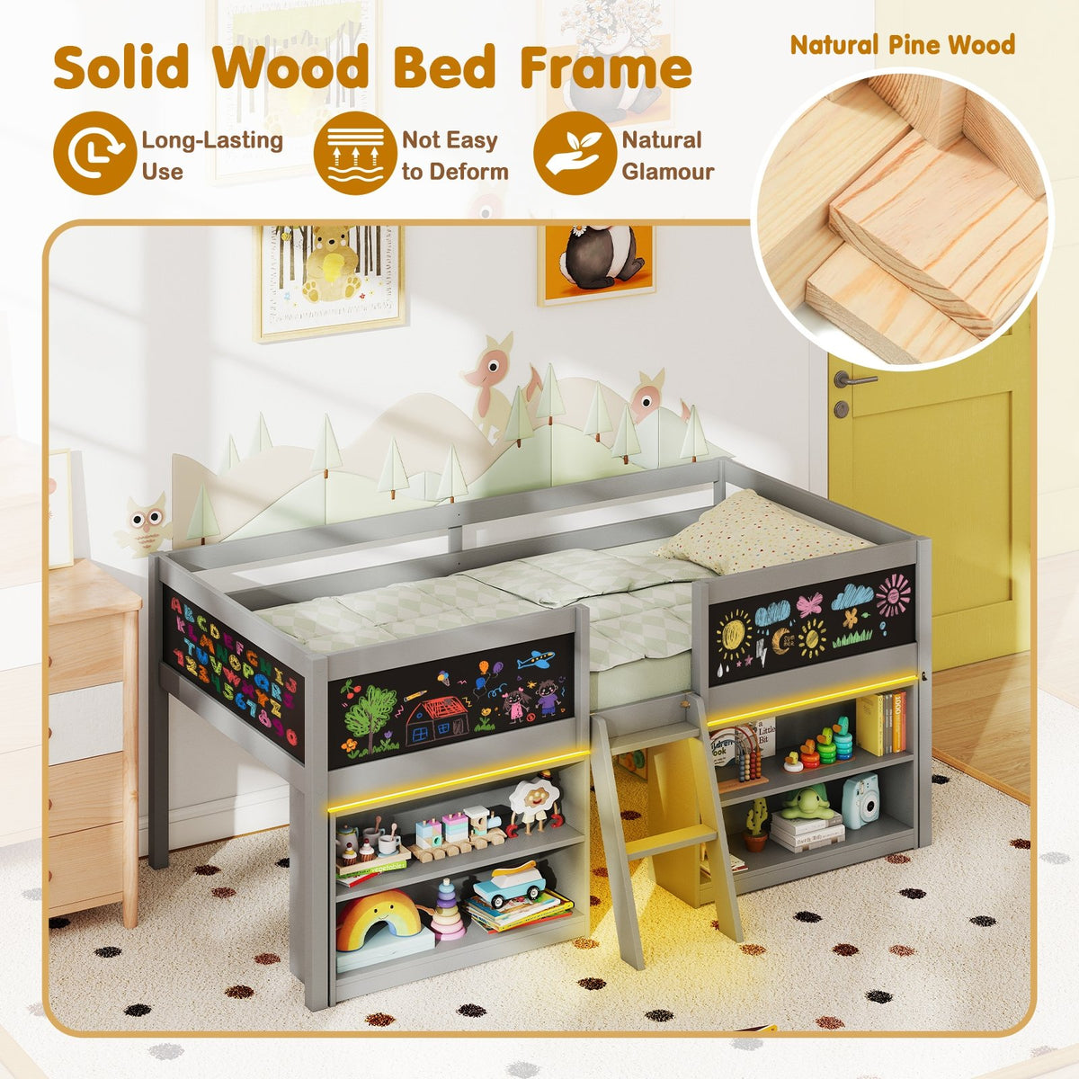 Low Loft Bed with LED Lights Kid's Cabin Bed with Bookcases-Gray view 9