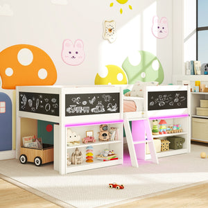 Low Loft Bed with LED Lights Kid's Cabin Bed with Bookcases-White view 2