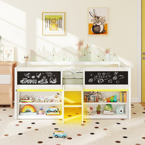 Low Loft Bed with LED Lights Kid's Cabin Bed with Bookcases-White view 3