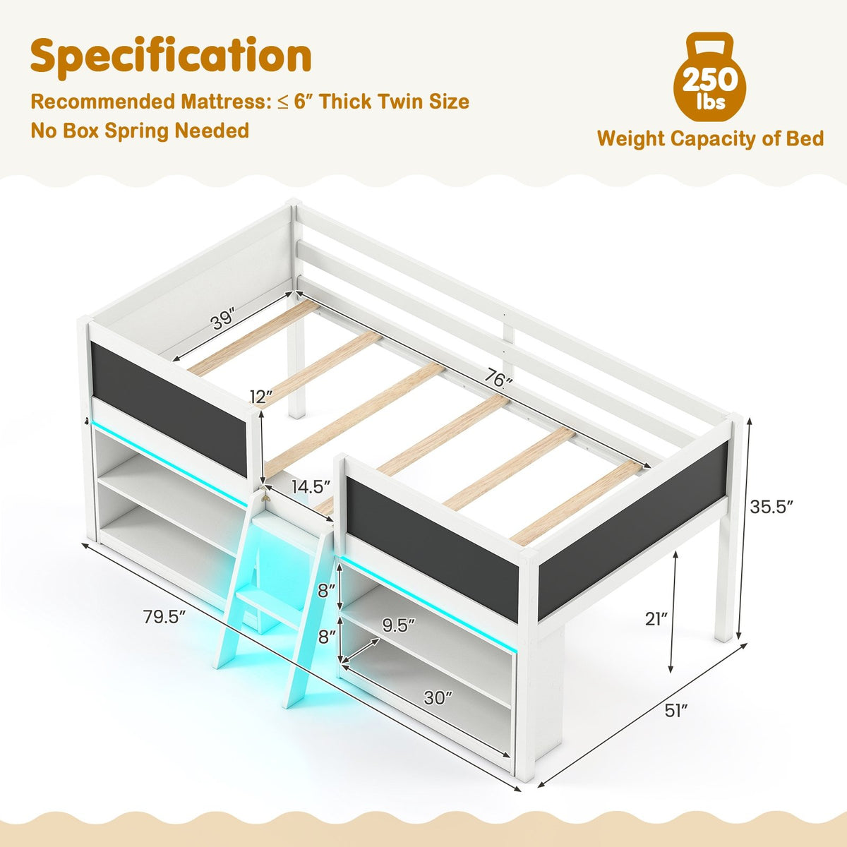 Low Loft Bed with LED Lights Kid's Cabin Bed with Bookcases-White view 4