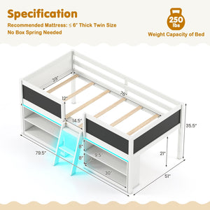 Low Loft Bed with LED Lights Kid's Cabin Bed with Bookcases-White view 4