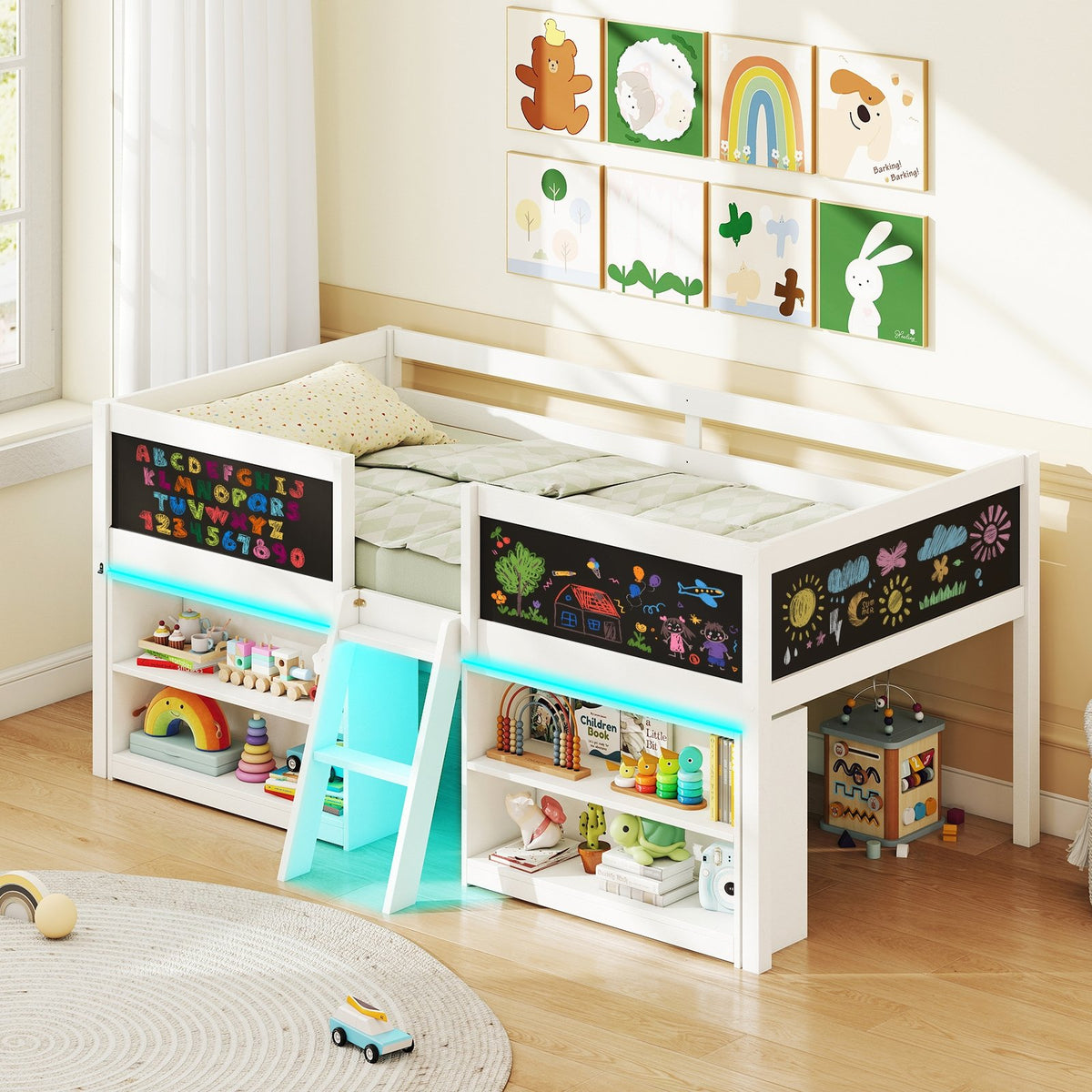 Low Loft Bed with LED Lights Kid's Cabin Bed with Bookcases-White view 5