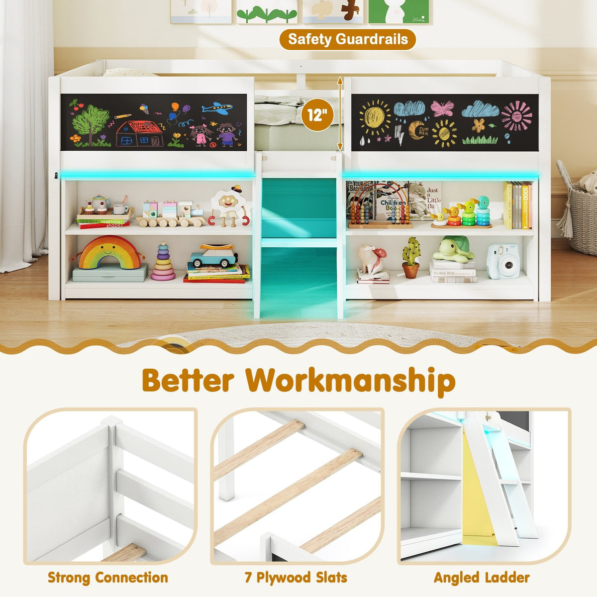Low Loft Bed with LED Lights Kid's Cabin Bed with Bookcases-White view 6
