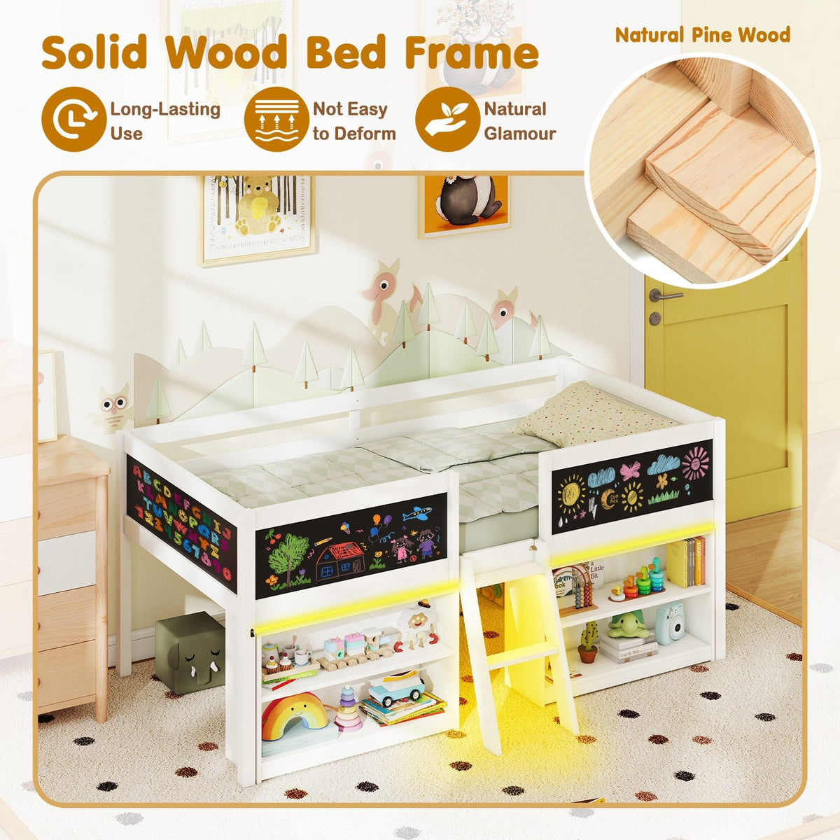Low Loft Bed with LED Lights Kid's Cabin Bed with Bookcases-White view 7