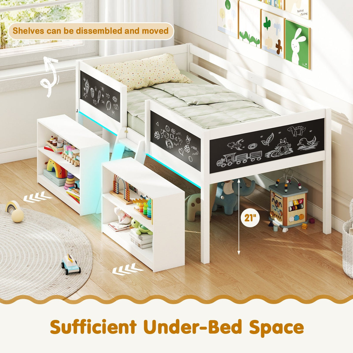 Low Loft Bed with LED Lights Kid's Cabin Bed with Bookcases-White view 8