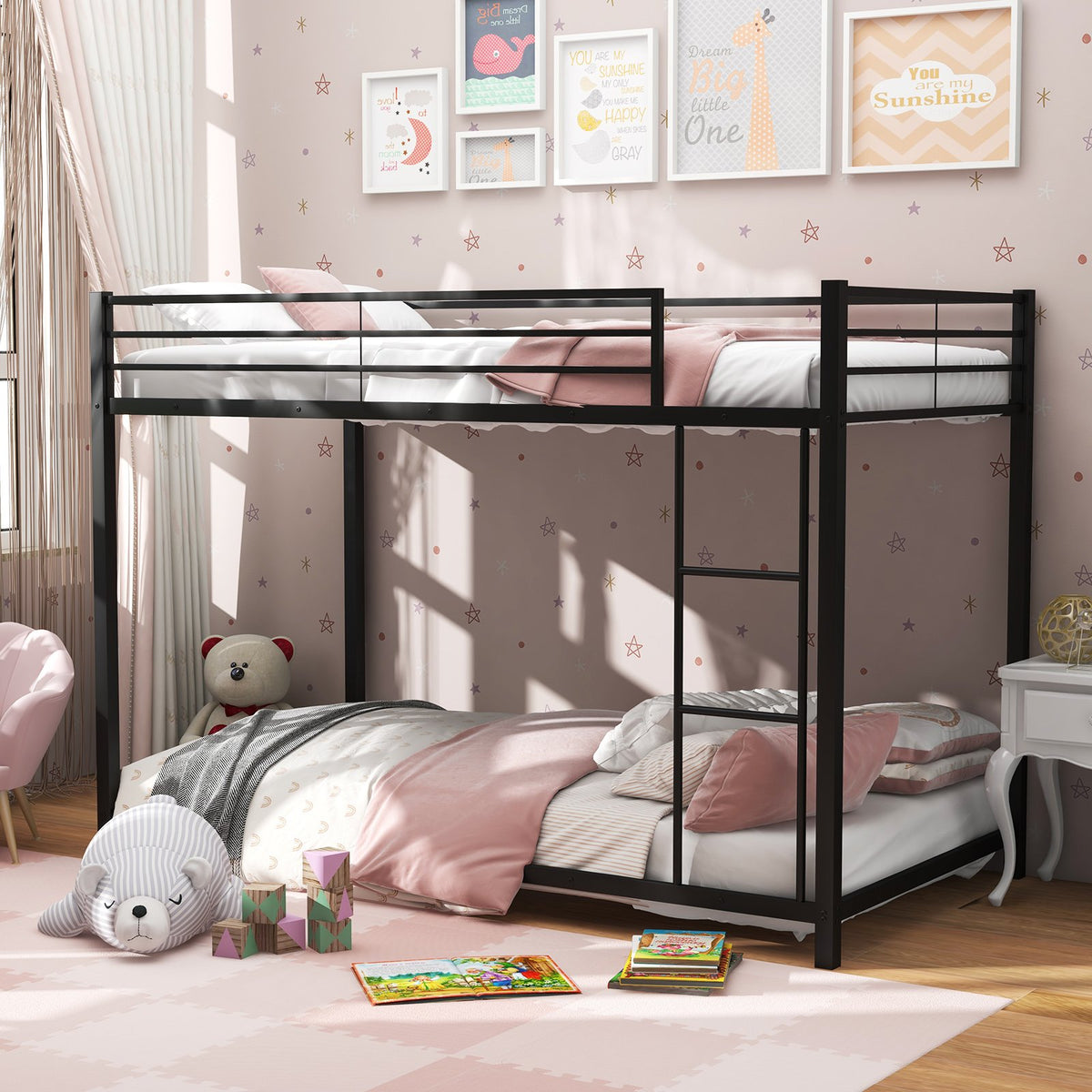 Low Profile Twin Over Twin Metal Bunk Bed with Full-length Guardrails-Black view 3