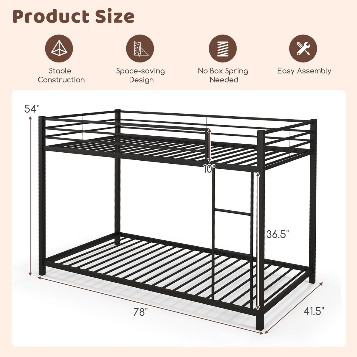 Low Profile Twin Over Twin Metal Bunk Bed with Full-length Guardrails-Black view 5