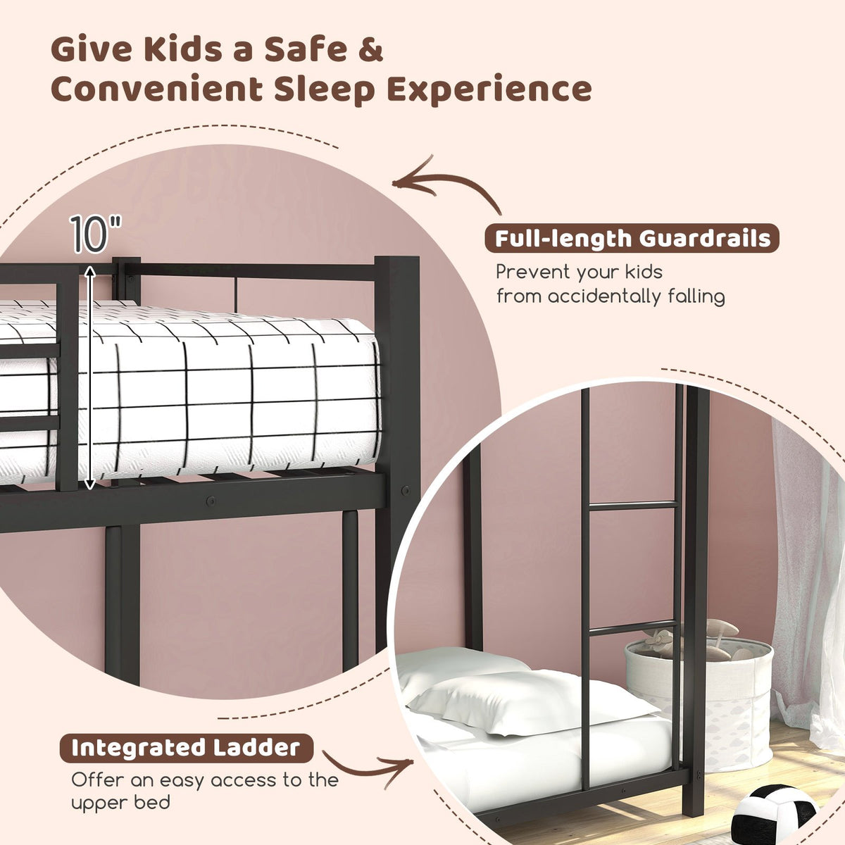 Low Profile Twin Over Twin Metal Bunk Bed with Full-length Guardrails-Black view 8