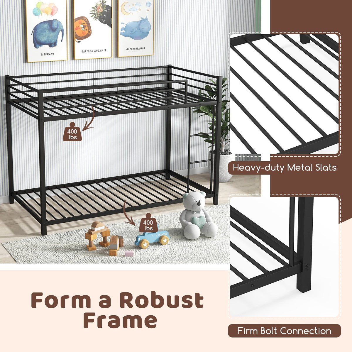 Low Profile Twin Over Twin Metal Bunk Bed with Full-length Guardrails-Black view 9