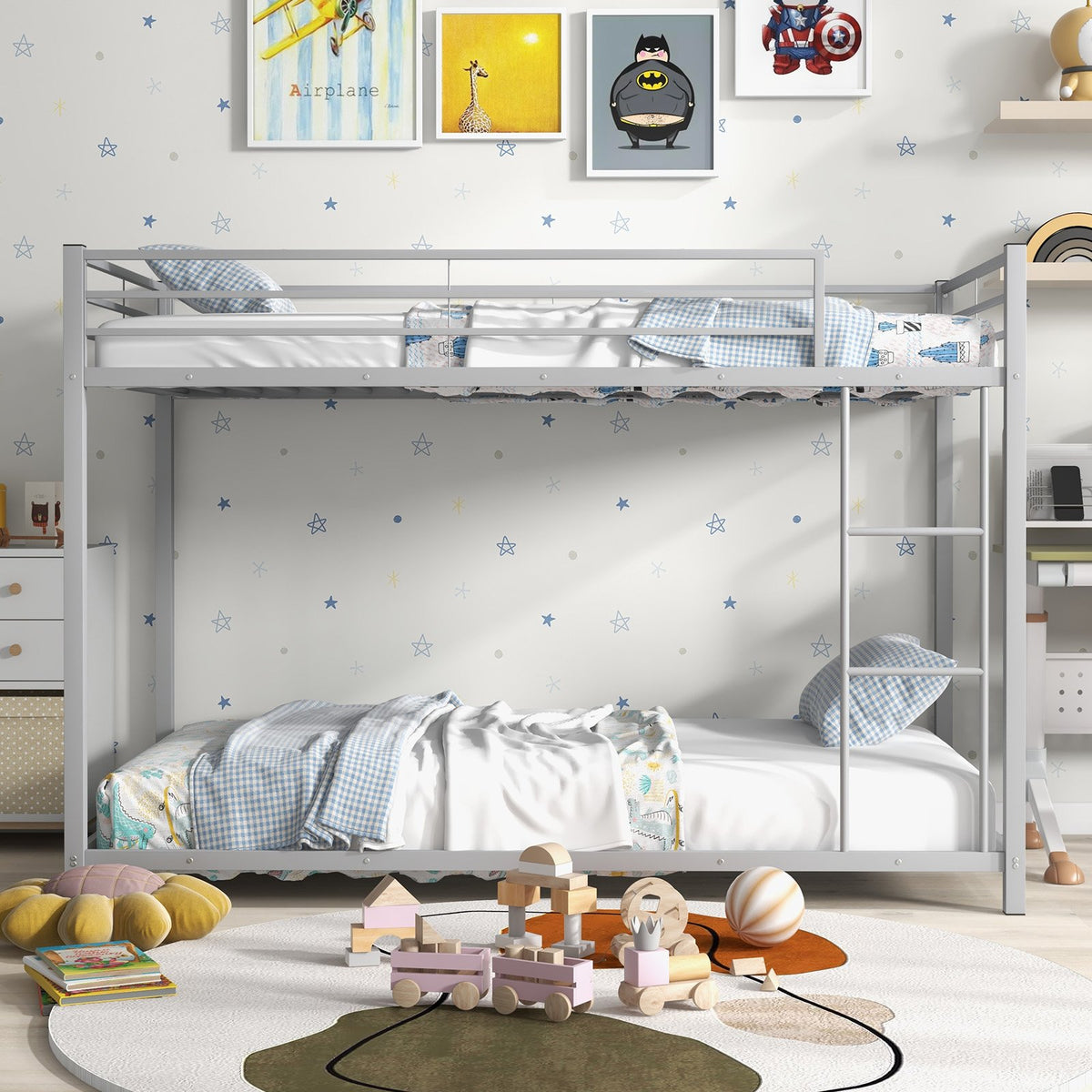 Low Profile Twin Over Twin Metal Bunk Bed with Full-length Guardrails-Silver view 3