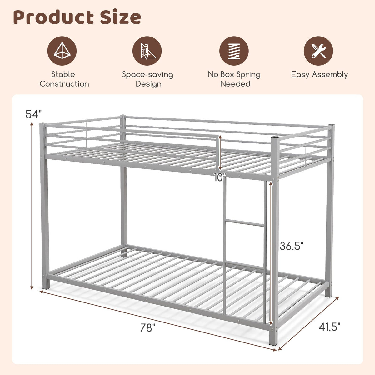 Low Profile Twin Over Twin Metal Bunk Bed with Full-length Guardrails-Silver view 5