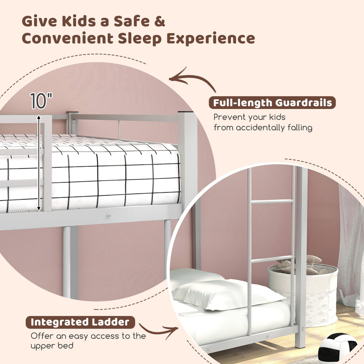 Low Profile Twin Over Twin Metal Bunk Bed with Full-length Guardrails-Silver view 7