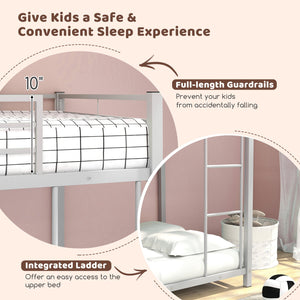 Low Profile Twin Over Twin Metal Bunk Bed with Full-length Guardrails-Silver view 7