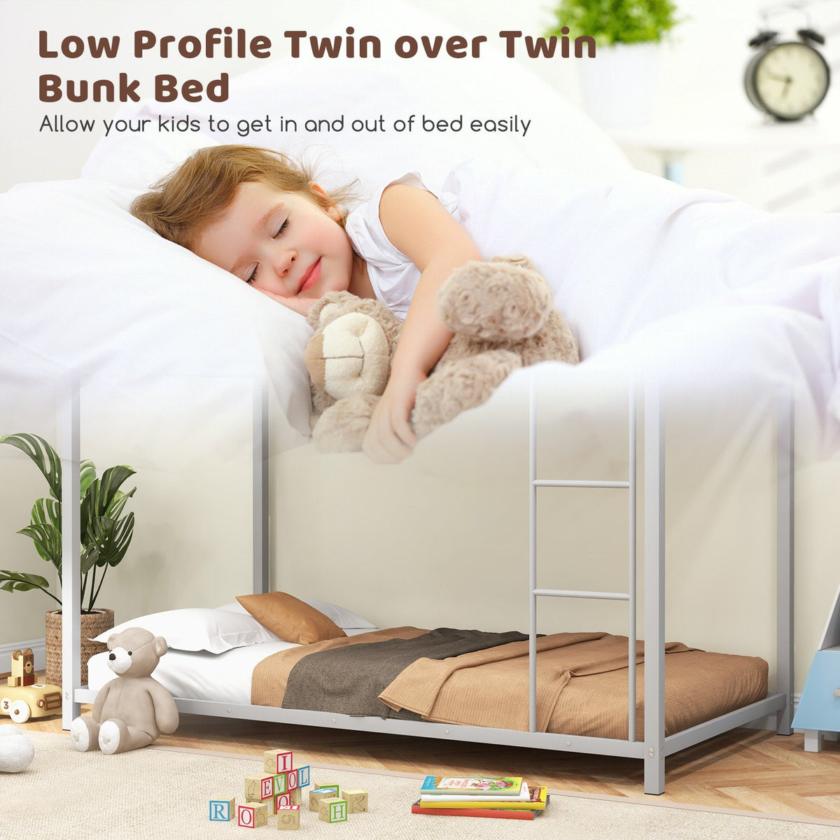Low Profile Twin Over Twin Metal Bunk Bed with Full-length Guardrails-Silver view 8
