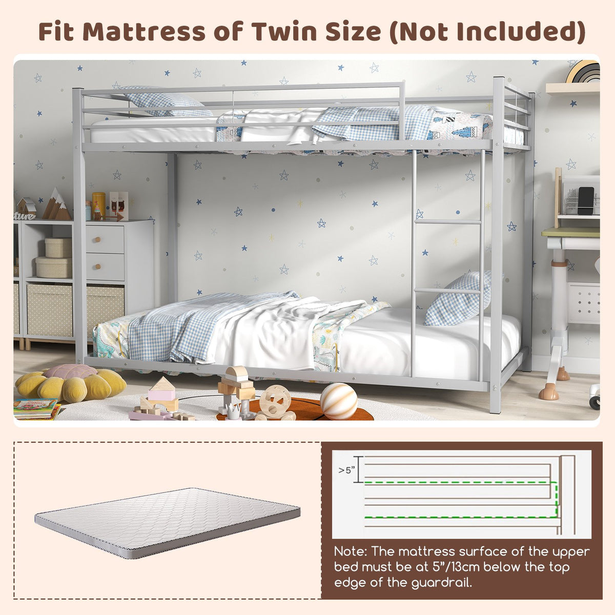 Low Profile Twin Over Twin Metal Bunk Bed with Full-length Guardrails-Silver view 9