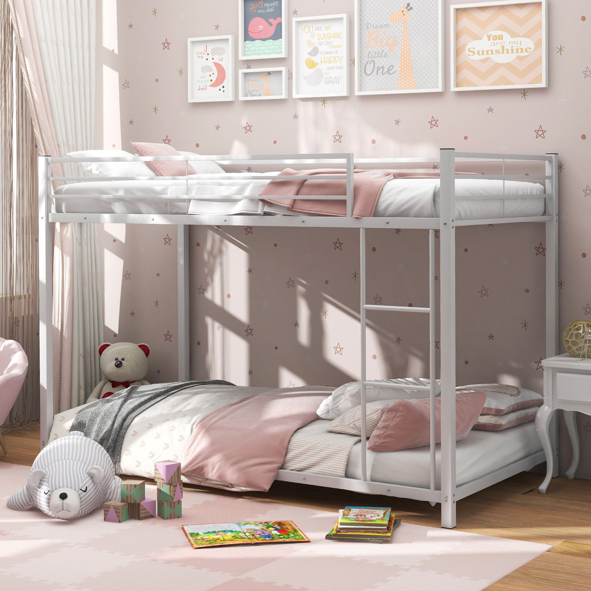 Low Profile Twin Over Twin Metal Bunk Bed with Full-length Guardrails-White view 2
