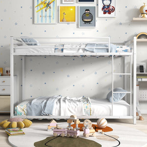 Low Profile Twin Over Twin Metal Bunk Bed with Full-length Guardrails-White view 3