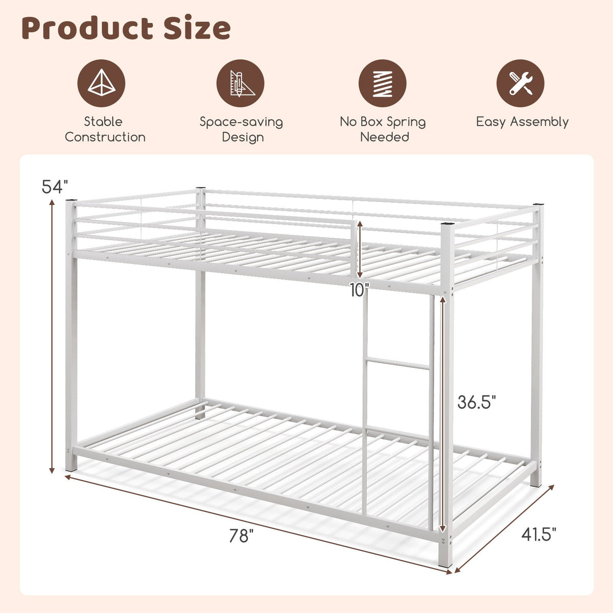 Low Profile Twin Over Twin Metal Bunk Bed with Full-length Guardrails-White view 5