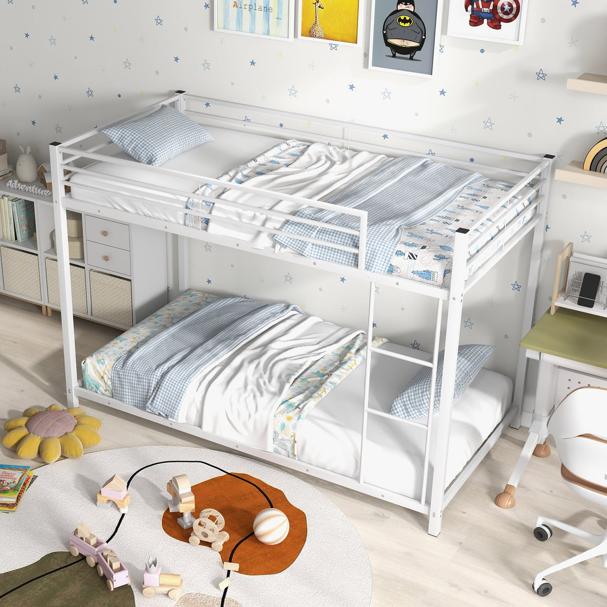 Low Profile Twin Over Twin Metal Bunk Bed with Full-length Guardrails-White view 6