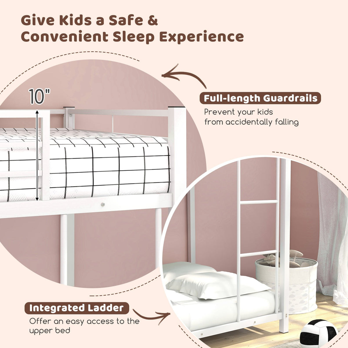 Low Profile Twin Over Twin Metal Bunk Bed with Full-length Guardrails-White view 7