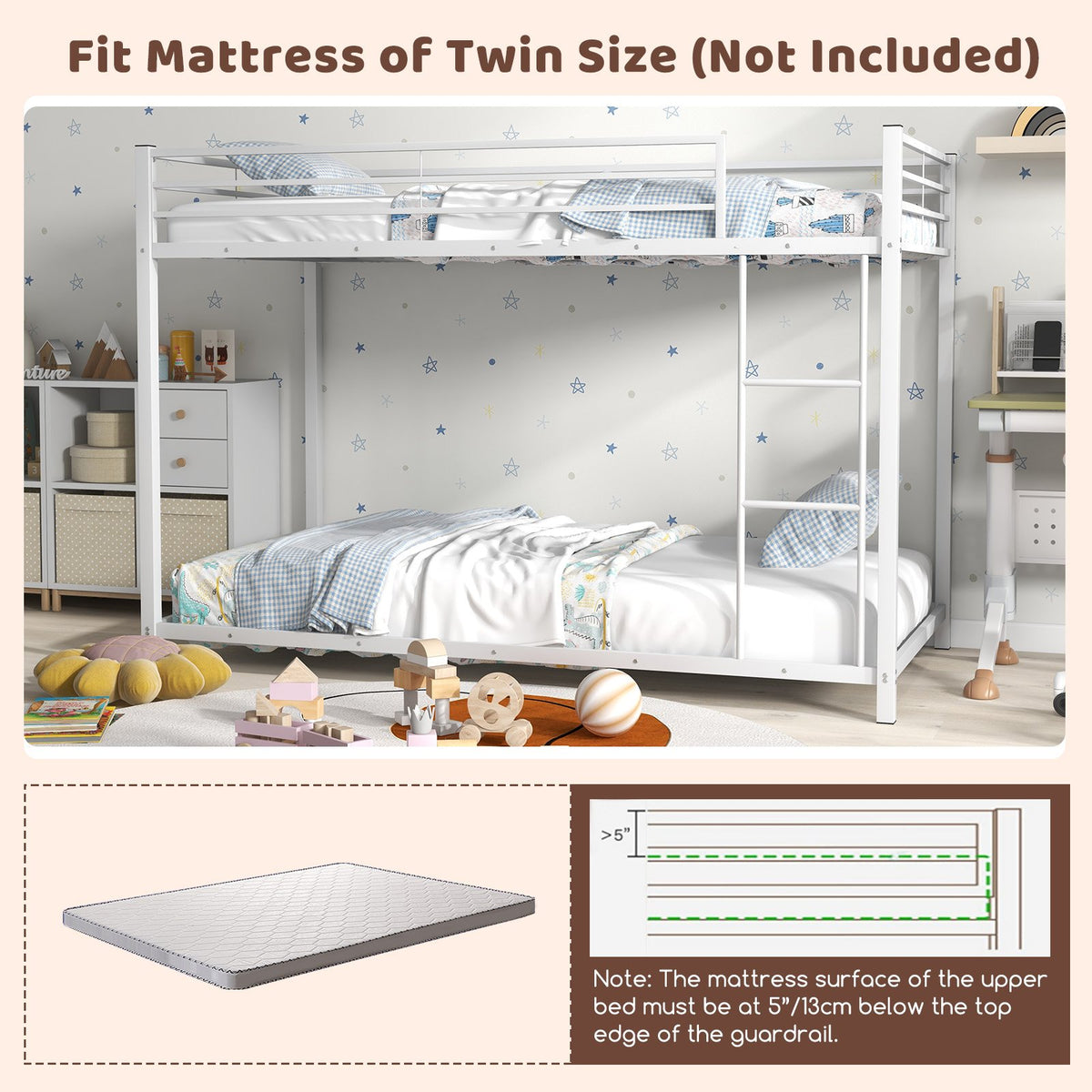 Low Profile Twin Over Twin Metal Bunk Bed with Full-length Guardrails-White view 8