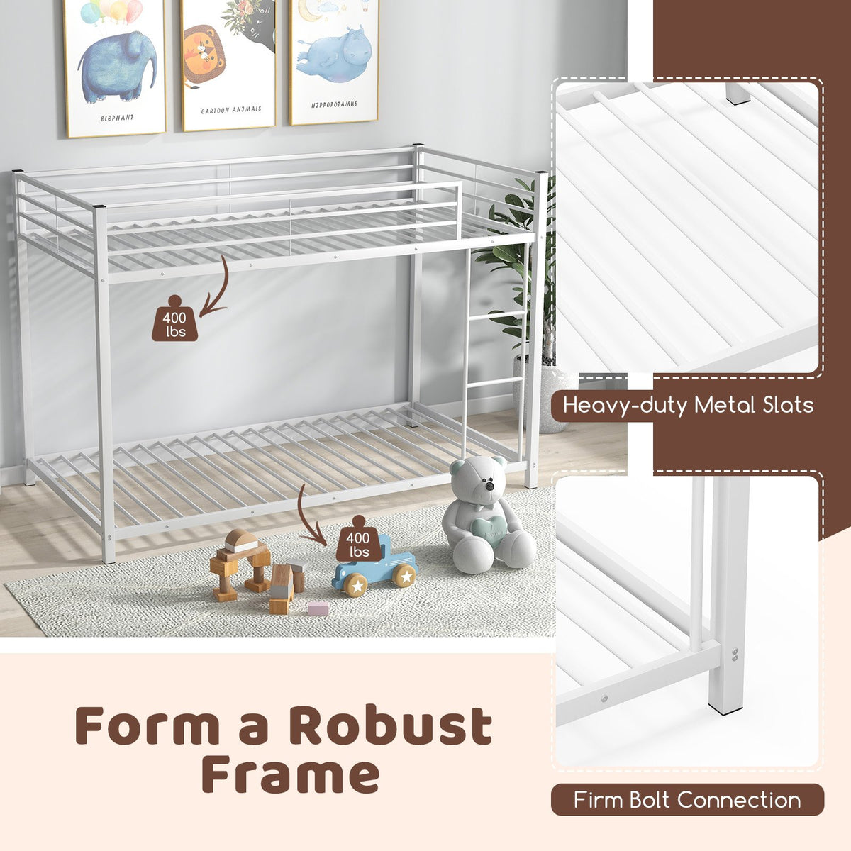 Low Profile Twin Over Twin Metal Bunk Bed with Full-length Guardrails-White view 9
