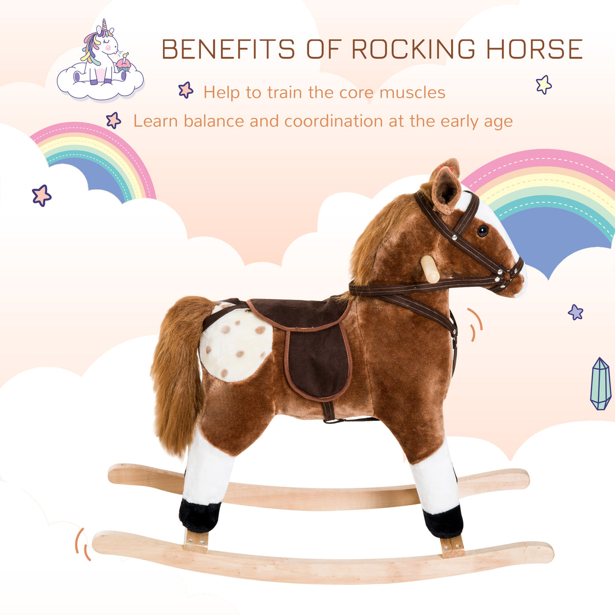 Qaba Rocking Horse Plush Pony Children Kid Ride on Toy w/ Realistic Sound (Light Pink)