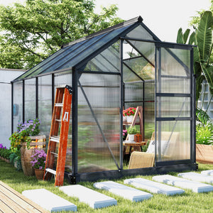 Greenhouse Garden, Green House, Outdoor Greenhouse Kit, PC Board with Sliding Door, 6.2' x 8.3' x 6.6', Grey