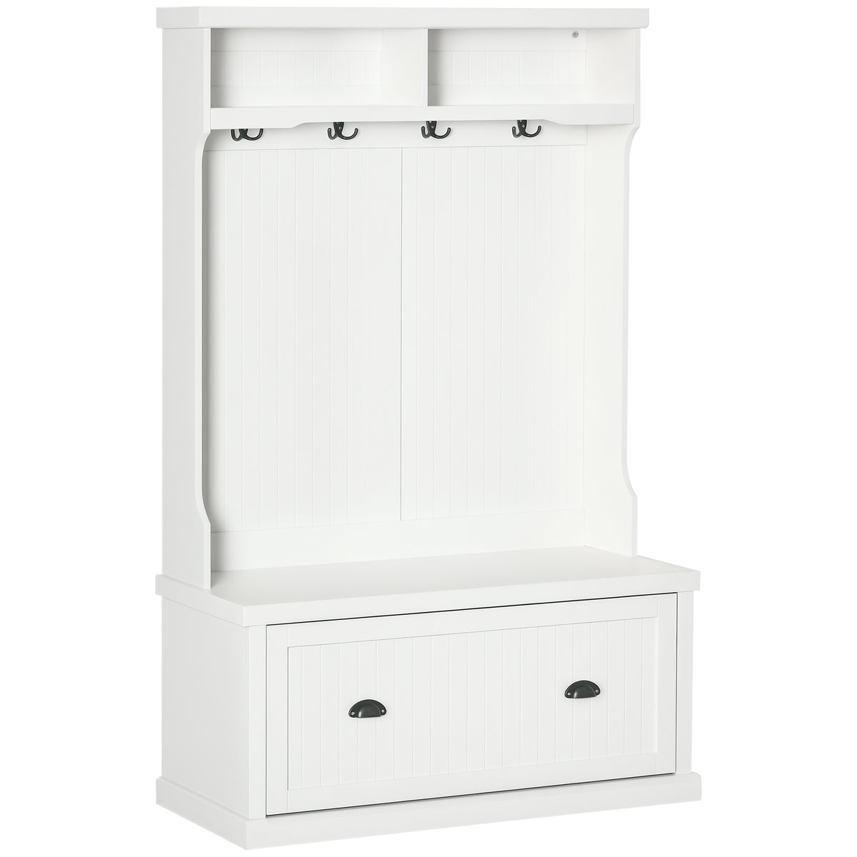 64.5" H Hall Tree with Storage Drawer & Top Shelf, Coat Rack Wooden Entryway Storage Bench Hall Tree Hallway Clothes Bag Coat Rack 4 Hooks, White