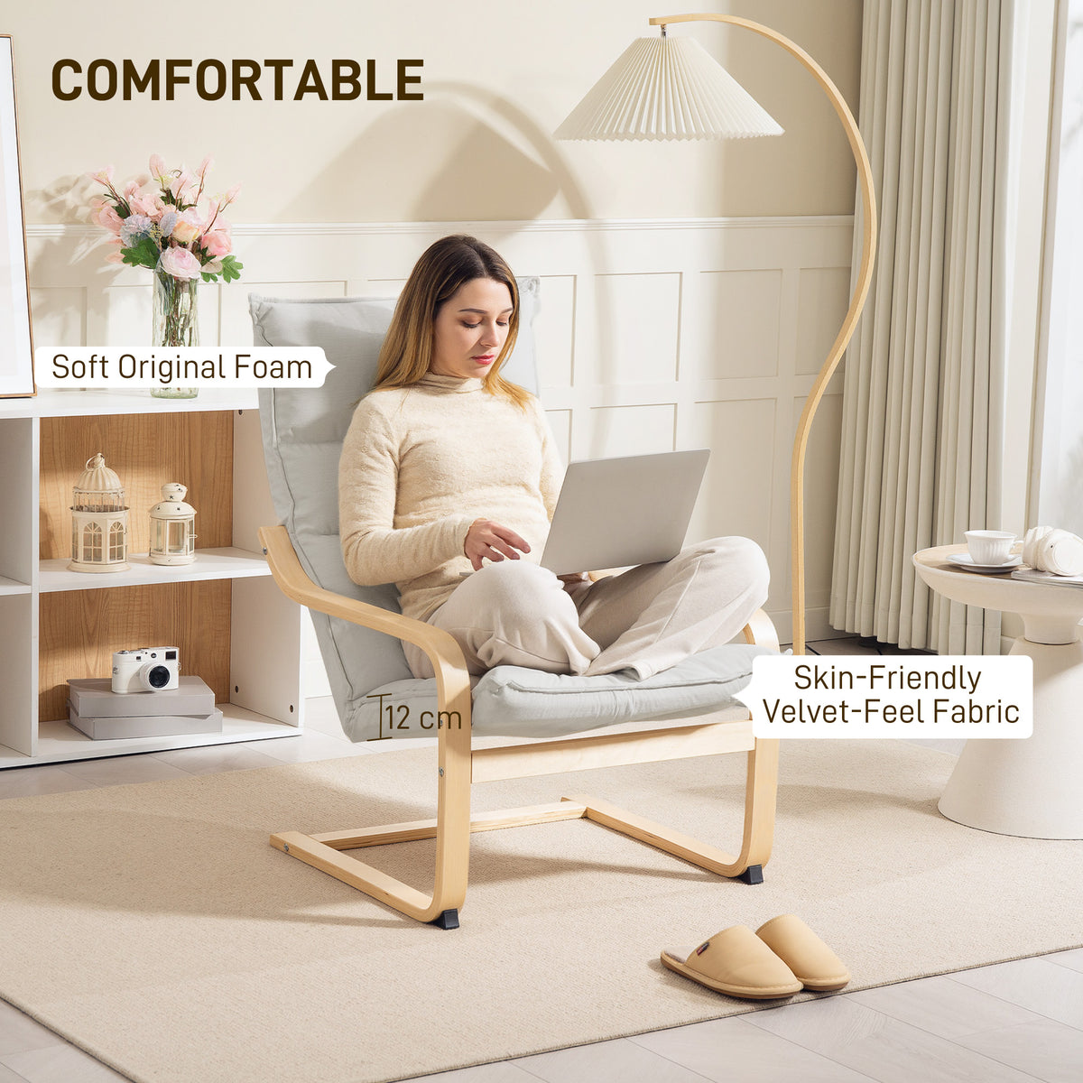 Birch Wood Fabric Modern Armchair, Accent Chair with Curved Leg and Arm for Living Room, Cream White – view 3