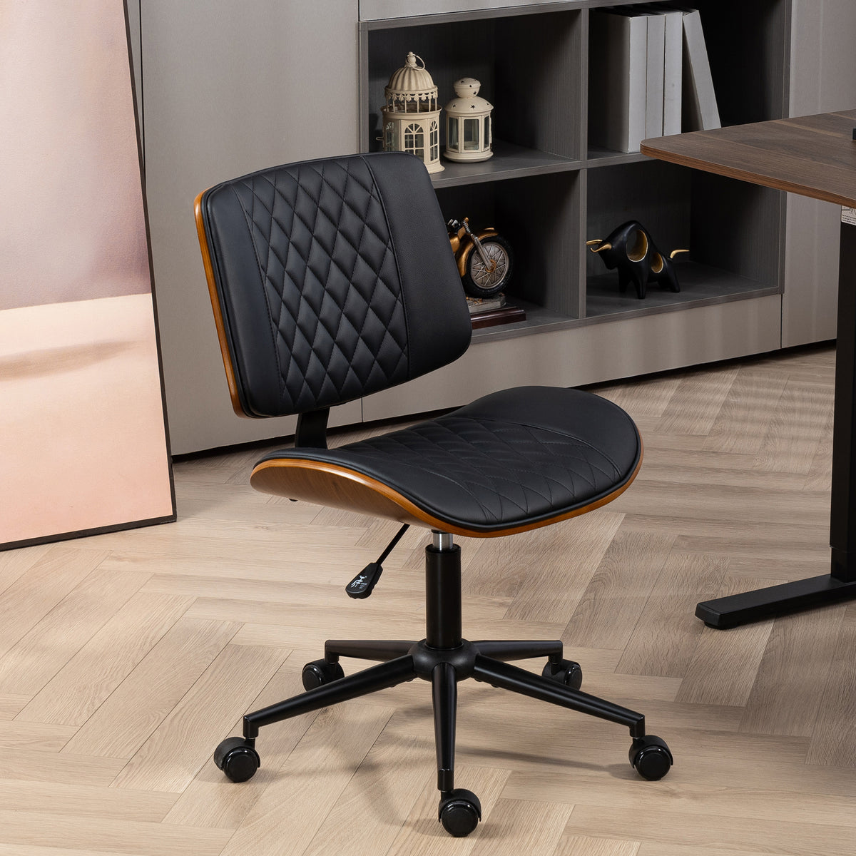 Office Chair No Arms with Wheels, PU Leather Desk Chair with Adjustable Height, Swivel Wheels for Office, Black