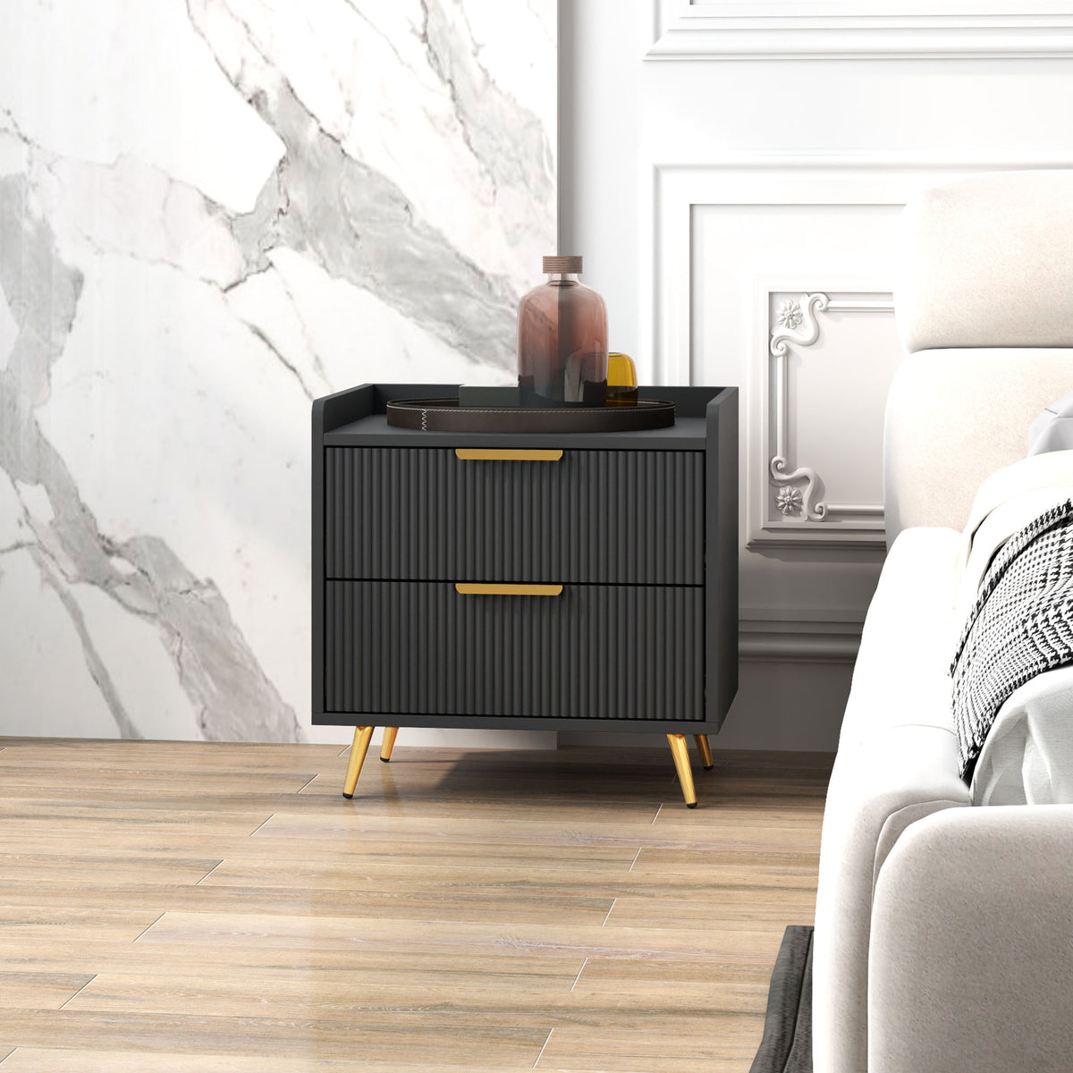 Bedside Table, Nightstand with 2 Drawers, Side End Table with Metal Legs for Bedroom, Black – view 5
