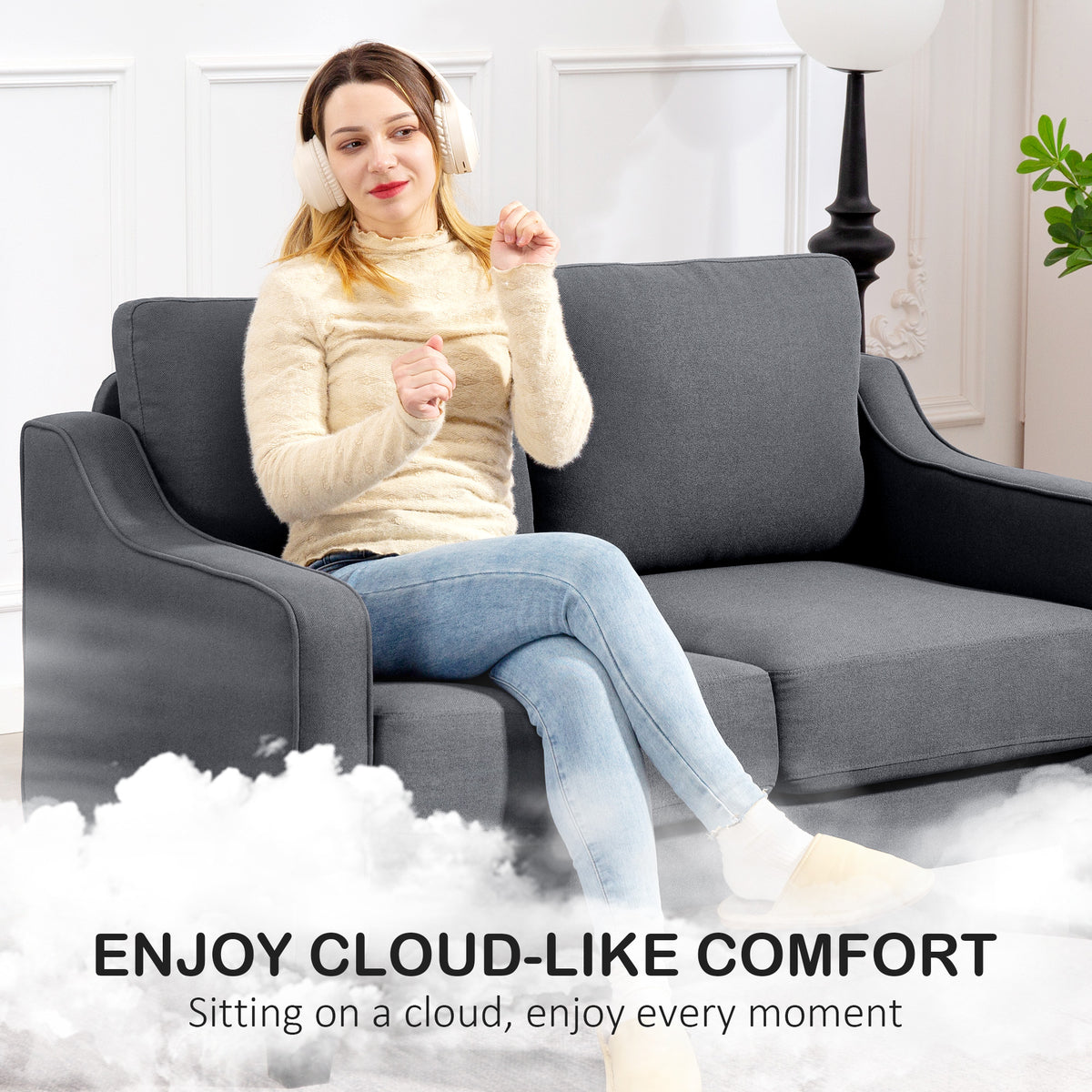 Loveseat Sofa, Modern Couch with Pocket Spring, Linen Upholstered, Thick Padded, Beige – view 10